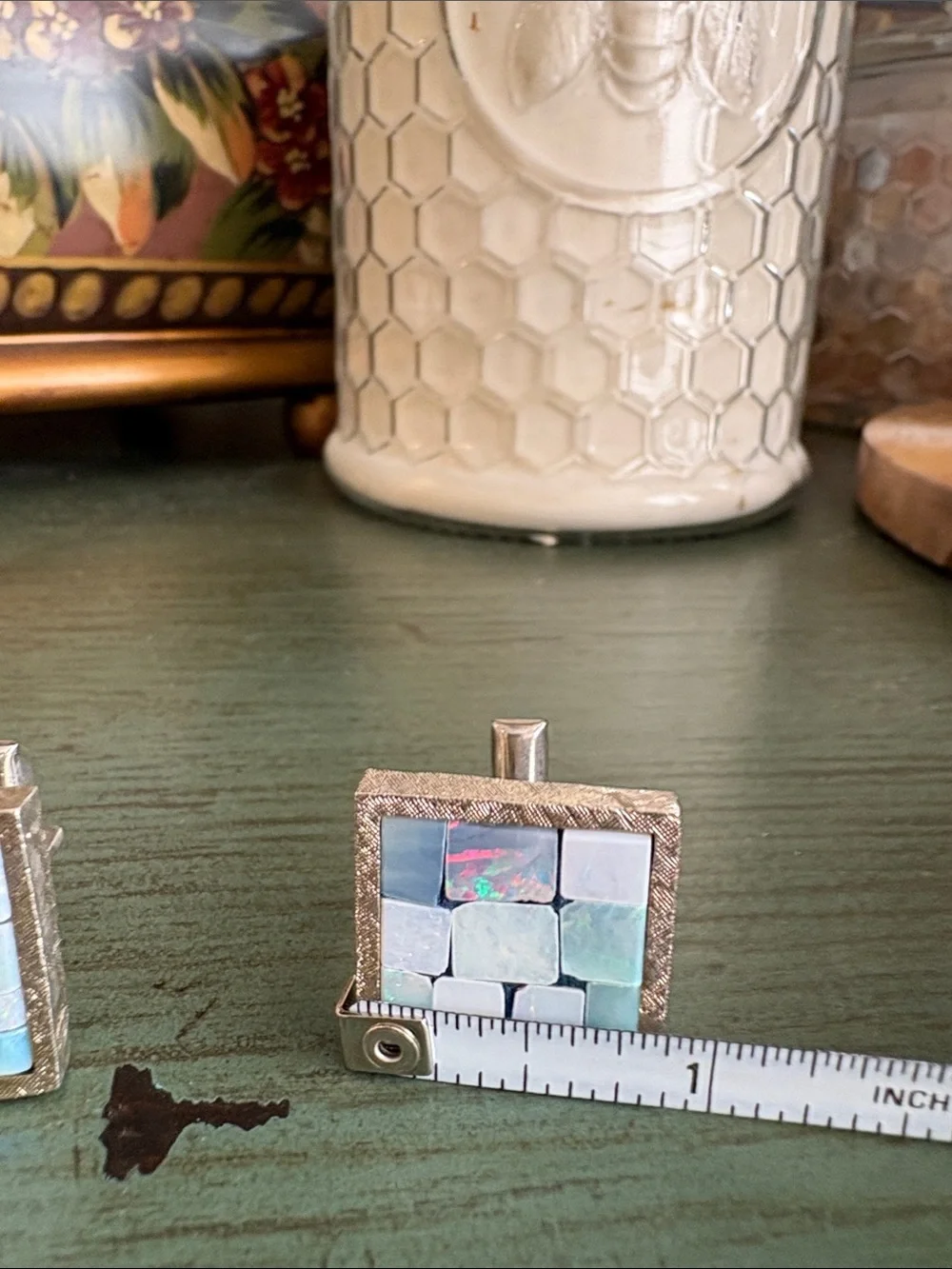 Vintage Sterling Silver Genuine Opal Mosaic Square Cufflinks Estate Jewelry